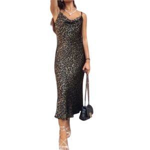 Zara Womens Brown Leopard Print Cowl Neck Satin Slip Midi Dress XS